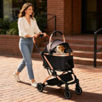 Pet Stroller for Dogs and Cats, 2-in-1 Detachable Foldable 4 Wheels Pet Stroller, Quick One-Hand Fold, Storage Basket, Detachable Carry Basket with Sun Canopy(Black+Gold)