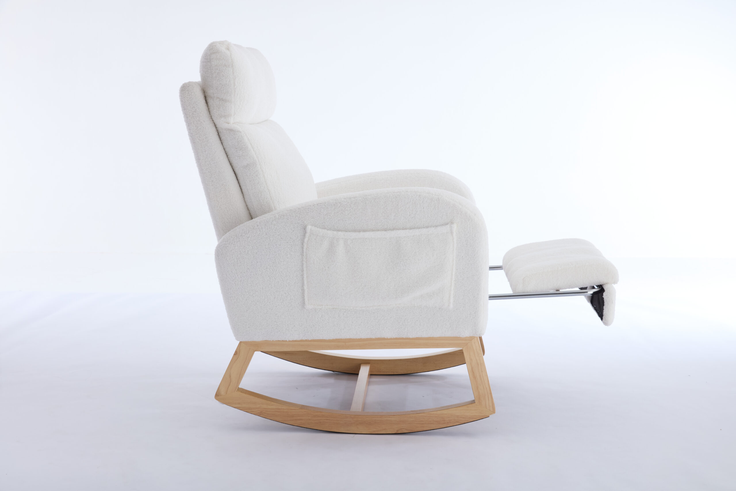 015B-Teddy Fabric Leisure Rocking Chair,Nursery Rocking Chair With Adjustable Footstool,Thickened Headrest And High Backrest, Storage Pocket On The Right Side,The Base Rocker Is Solid Wood,White - Image 2