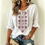 Womens Fashionable Printed V-neck Short-sleeve Top