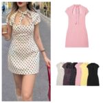 Hepburn-style Square-neck Short-sleeve Polka-dot Short Dress With A Bow Detail