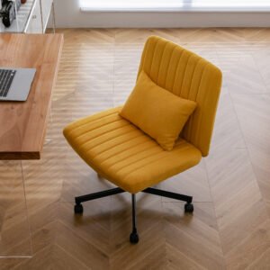 Yellow Linen Criss Cross Armless Office Chair with Wheels - Versatile for Home Office, Meditation & Makeup