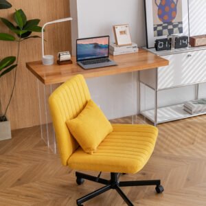 Yellow Linen Criss Cross Armless Office Chair with Wheels - Versatile for Home Office, Meditation & Makeup