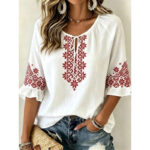 Womens Fashionable Printed V-neck Short-sleeve Top