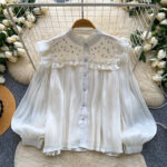Commuter-style Yellow Ruffled Beaded Lantern-sleeve Blouse
