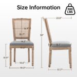 Farmhouse Solid Wood Frame Dining Chairs with Cushioned Linen Seat & Woven Rattan Tapered Backrest for Kitchen, Dining Room, Living Room, Grey, Set of 2