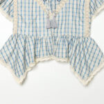 Womens Summer New Arrival Round-Neck Plaid Embroidered Hollow-Out Ruffle-Trim Top