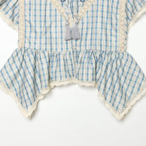 Womens Summer New Arrival Round-Neck Plaid Embroidered Hollow-Out Ruffle-Trim Top