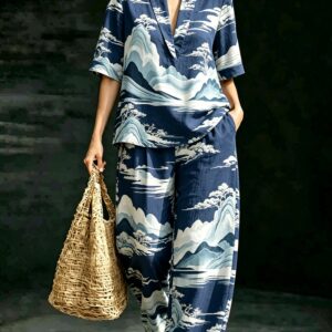 Loose V-neck Sleeveless Striped Casual Suit