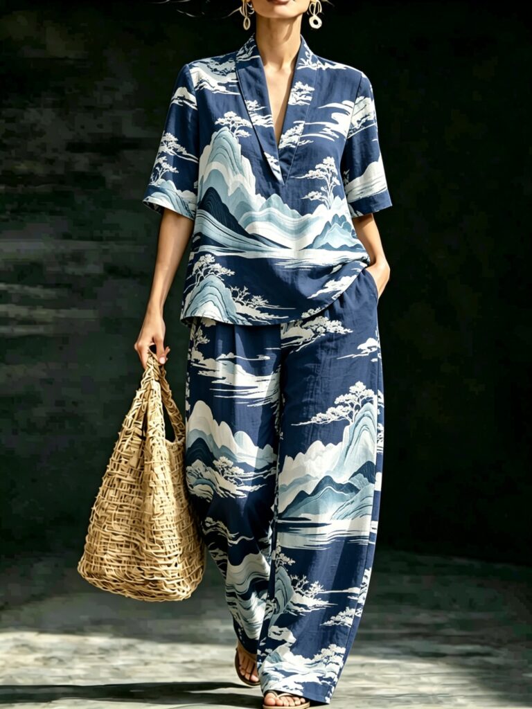 Loose V-neck Sleeveless Striped Casual Suit