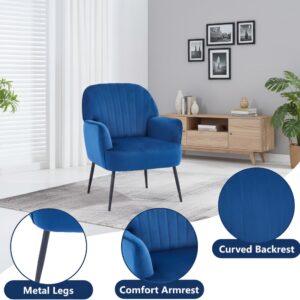 Velvet Accent Chair, Modern Upholstered Living Room Chairs, Luxury Single Sofa Armchair with Metal Legs, Comfy Barrel Chairs for Living Room, Waiting Room, Bedroom, Office and Cafe, Blue