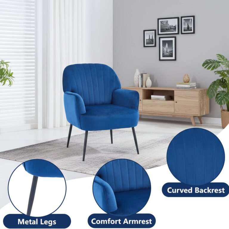 Velvet Accent Chair, Modern Upholstered Living Room Chairs, Luxury Single Sofa Armchair with Metal Legs, Comfy Barrel Chairs for Living Room, Waiting Room, Bedroom, Office and Cafe, Blue