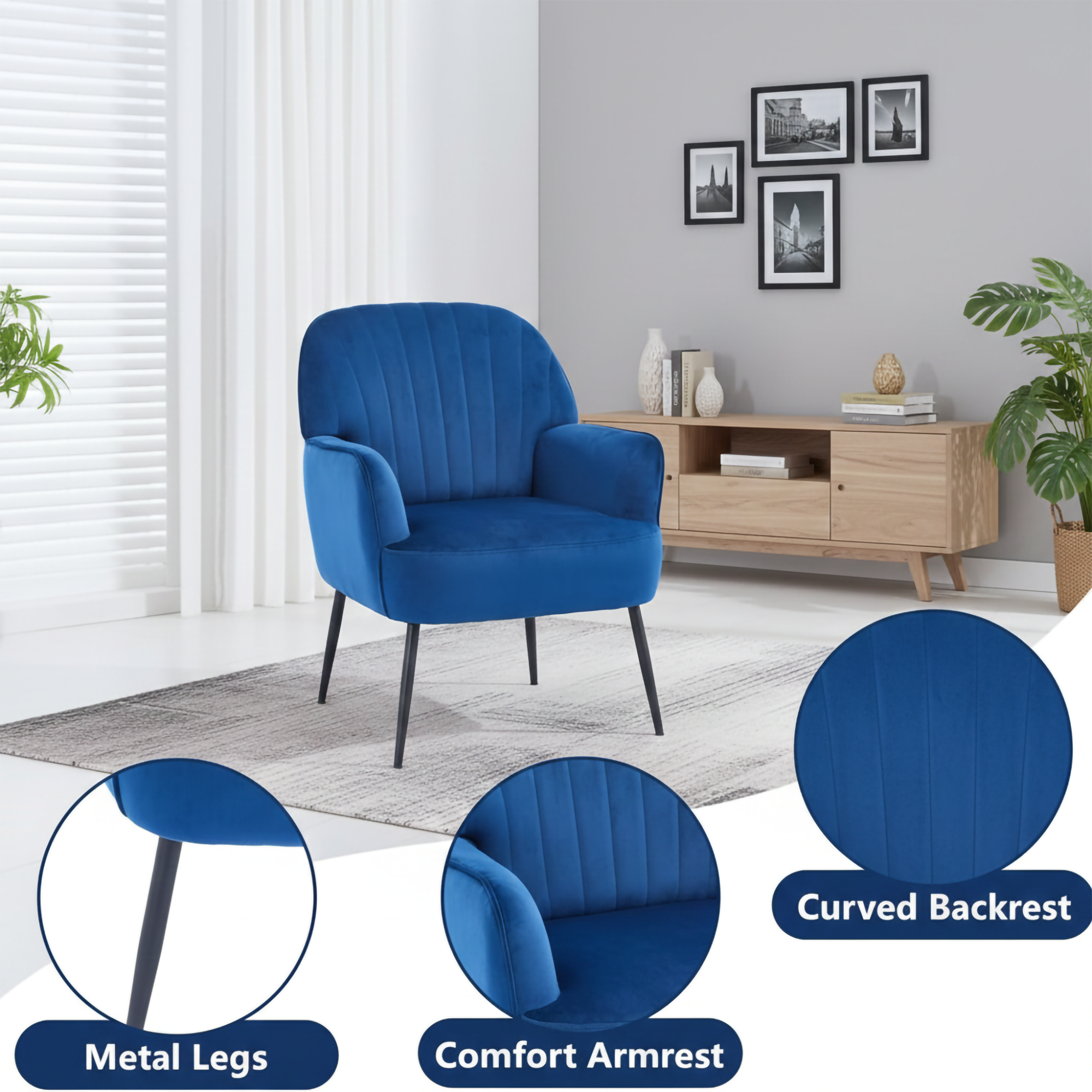 Velvet Accent Chair, Modern Upholstered Living Room Chairs, Luxury Single Sofa Armchair with Metal Legs, Comfy Barrel Chairs for Living Room, Waiting Room, Bedroom, Office and Cafe, Blue