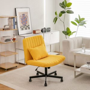 Yellow Linen Criss Cross Armless Office Chair with Wheels - Versatile for Home Office, Meditation & Makeup