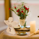 Wooden Christening Decoration - Decorative Gift Set For Christening Celebrations With A Natural Wooden Stand And Festive Decorations