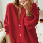Oversized Crew Neck Button Knit Cardigan Women Soft Puff Sleeve Sweater Coat