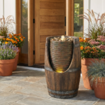 Outdoor Barrel Water Fountain With Lights Rustic Wood Look Resin Handmade Waterfall Garden Decor For Patio Yard Porch