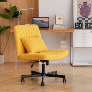 Yellow Linen Criss Cross Armless Office Chair with Wheels - Versatile for Home Office, Meditation & Makeup