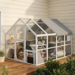 Wooden Catio Outdoor Cat Enclosure With Waterproof Cover, 2 Condos, 6 Platforms, Bridge, Doors, White