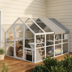 Wooden Catio Outdoor Cat Enclosure With Waterproof Cover, 2 Condos, 6 Platforms, Bridge, Doors, White