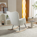 067-Teddy Fabric Leisure Rocking Chair With Adjustable Footstool,Nursery Rocking Chair, High Backrest, Storage Pocket On The Right Side,The Base Rocker Is Solid Wood And Metal,Ivory