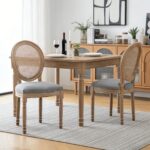 Farmhouse Solid Wood Frame Dining Chairs with Cushioned Linen Seat & Woven Rattan Backrest for Kitchen, Dining Room, Living Room, Grey, Set of 2