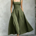 New Womens Square-neck Sleeveless Flared Dress