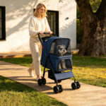 Foldable Pet Stroller for Small Dogs and Cats Under 28 lbs with Multi-Functional Tray, 2 Safety Leashes, Storage Basket & Breathable Mesh, 4 Wheels Pet Stroller, Blue