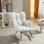 067-Teddy Fabric Leisure Rocking Chair With Adjustable Footstool,Nursery Rocking Chair, High Backrest, Storage Pocket On The Right Side,The Base Rocker Is Solid Wood And Metal,Ivory