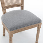 Farmhouse Solid Wood Frame Dining Chairs with Cushioned Linen Seat & Woven Rattan Tapered Backrest for Kitchen, Dining Room, Living Room, Grey, Set of 2