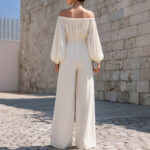 One-shoulder Puff-sleeve Waist-cinching Wide-leg Jumpsuit