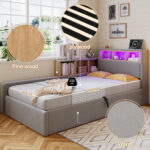 Upholstered Bed, 3FT Single Bed 90x190cm, Daybed Sofa Bed, Modern Velvet Youth Bed, For Adults & Teenagers, With Charging Port, LED Strip, With Storage Space, Easy Assembly, Velvet, Grey No Mattress