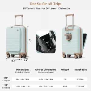 4-Piece Luggage Set with USB Charging Ports - 20in Carry-On (Front-Opening for Laptop) 28in Checked Suitcase with TSA Lock Travel Duffel Bag Wet-Dry Toiletry Bag, grey green