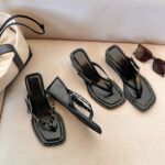 Women's Black Studded Thong Slippers, Soft Sole Casual Minimalist High Heel Flip Flops, 2026 New, Outdoor Summer Wear