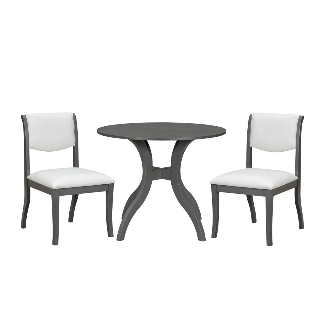 Oak Gray Dining Table Set:39.4" Round Table + 2 Chairs - Traditional Solid Wood Kitchen Set with Inlaid Tabletop, Elegant Curved Legs for Dining Room