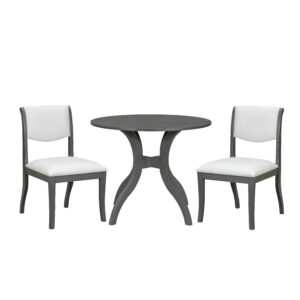 Oak Gray Dining Table Set:39.4″ Round Table + 2 Chairs – Traditional Solid Wood Kitchen Set with Inlaid Tabletop, Elegant Curved Legs for Dining Room