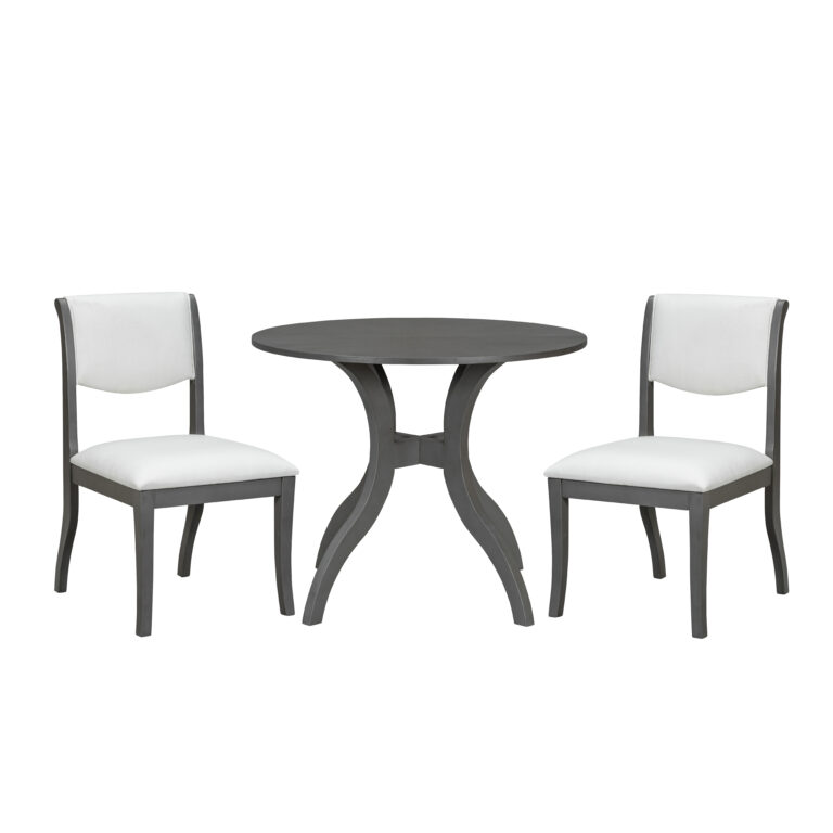 Oak Gray Dining Table Set:39.4″ Round Table + 2 Chairs – Traditional Solid Wood Kitchen Set with Inlaid Tabletop, Elegant Curved Legs for Dining Room