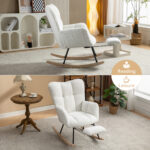 067-Teddy Fabric Leisure Rocking Chair With Adjustable Footstool,Nursery Rocking Chair, High Backrest, Storage Pocket On The Right Side,The Base Rocker Is Solid Wood And Metal,Ivory