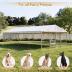 20x10 FT Large Outdoor Dog Kennel with Canopy, Heavy Duty Galvanized Steel Frame, Waterproof Cover, Built-in Elevated Feeding Bowls, Escape-Proof Lockable Pet Playpen for Large Dogs & Multiple Animal