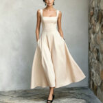 New Womens Square-neck Sleeveless Flared Dress