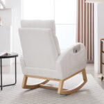 015B-Teddy Fabric Leisure Rocking Chair,Nursery Rocking Chair With Adjustable Footstool,Thickened Headrest And High Backrest, Storage Pocket On The Right Side,The Base Rocker Is Solid Wood,White