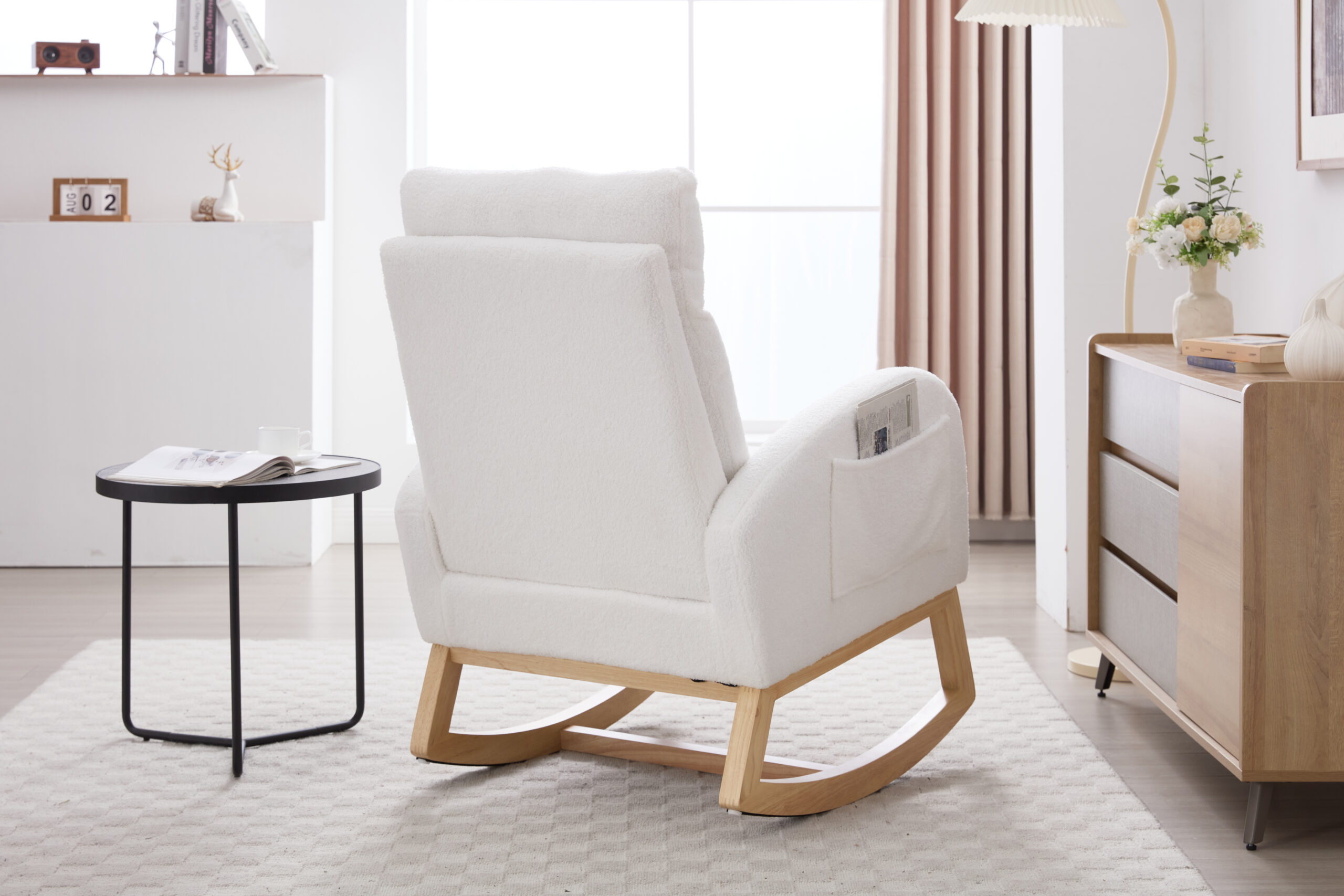 015B-Teddy Fabric Leisure Rocking Chair,Nursery Rocking Chair With Adjustable Footstool,Thickened Headrest And High Backrest, Storage Pocket On The Right Side,The Base Rocker Is Solid Wood,White - Image 11