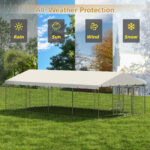 20x10 FT Large Outdoor Dog Kennel with Canopy, Heavy Duty Galvanized Steel Frame, Waterproof Cover, Built-in Elevated Feeding Bowls, Escape-Proof Lockable Pet Playpen for Large Dogs & Multiple Animal