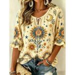 Womens Fashionable Printed V-neck Short-sleeve Top