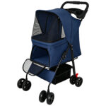 Foldable Pet Stroller for Small Dogs and Cats Under 28 lbs with Multi-Functional Tray, 2 Safety Leashes, Storage Basket & Breathable Mesh, 4 Wheels Pet Stroller, Blue