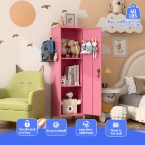 SUPEER Lockable Metal Lockers With Handle And Keys,Metal Storage Locker With 2 Pegboard & 5 Hooks For Home,Office,School,54.45inch H X 15inch W X 15inch,Pink,Required Assembly