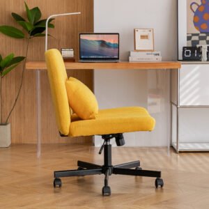 Yellow Linen Criss Cross Armless Office Chair with Wheels - Versatile for Home Office, Meditation & Makeup
