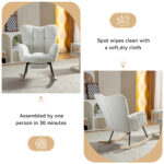 067-Teddy Fabric Leisure Rocking Chair With Adjustable Footstool,Nursery Rocking Chair, High Backrest, Storage Pocket On The Right Side,The Base Rocker Is Solid Wood And Metal,Ivory