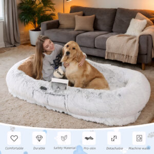 Human Dog Bed, Washable Faux Fur Dog Bed for People Doze Off, Napping Orthopedic Dog Bed,71”x45”x14” Size Fits You and Pets (Grey) – Blankets and Pillows NOT INCLUDED