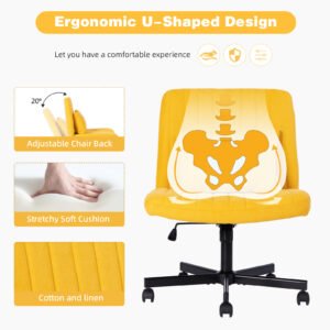 Yellow Linen Criss Cross Armless Office Chair with Wheels - Versatile for Home Office, Meditation & Makeup
