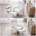 015B-Teddy Fabric Leisure Rocking Chair,Nursery Rocking Chair With Adjustable Footstool,Thickened Headrest And High Backrest, Storage Pocket On The Right Side,The Base Rocker Is Solid Wood,White